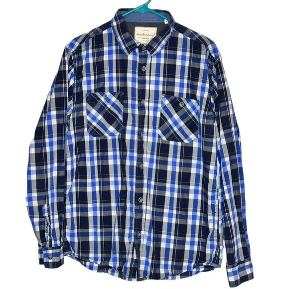 Weatherproof blue & black plaid 100% cotton casual button down shirt size m - Picture 2 of 8